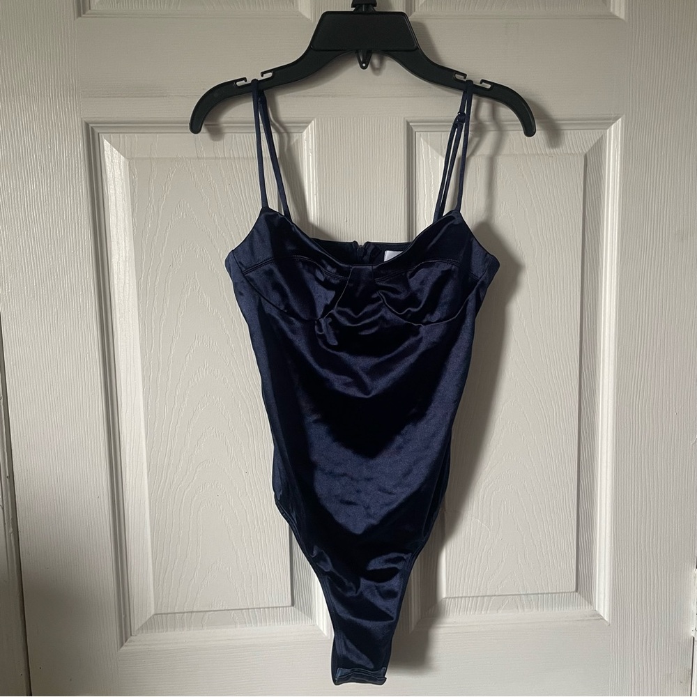 Navy Satin Spaghetti Strap Bodysuit